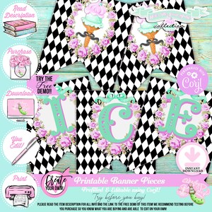 May include: Printable banner pieces with a black and white diamond pattern, ice cream cone graphics, and floral accents. The banner spells "ICE" in mint green letters. The text "Printable Banner Pieces" is also visible.