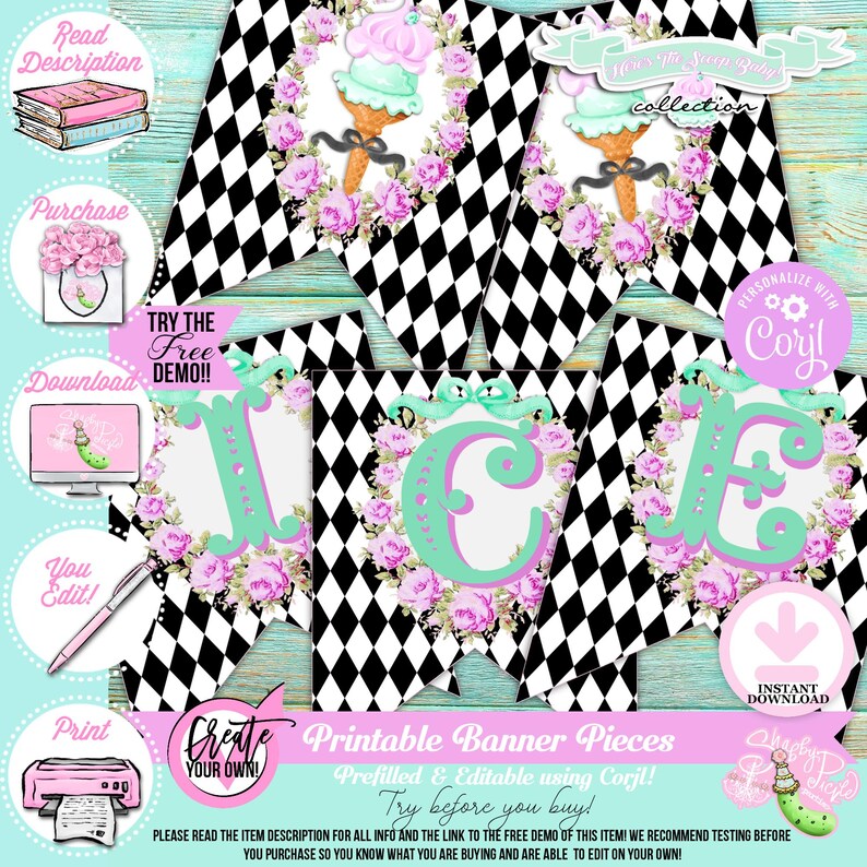 May include: Printable banner pieces with a black and white diamond pattern, ice cream cone graphics, and floral accents. The banner spells "ICE" in mint green letters. The text "Printable Banner Pieces" is also visible.