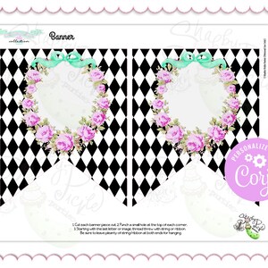 May include: A printable banner with a black and white diamond pattern. Each pennant features a floral wreath with pink roses and a mint green bow. The banner includes the text "Banner" and instructions for assembly.