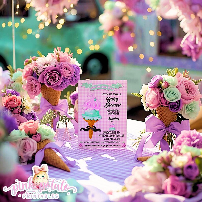 May include: A baby shower invitation with a pink and purple ice cream cone design. The invitation is surrounded by bouquets of flowers in ice cream cones, tied with purple ribbons. The text reads "Join us for a Baby Shower!" and honors Laura.