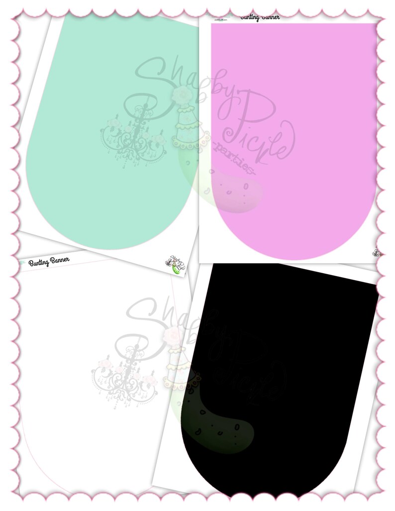 May include: Four colorful bunting banners in mint green, pink, white, and black. Each banner has a rounded bottom and is set against a white background with a scalloped border. The banners feature a decorative logo and the words "Bunting Banner".