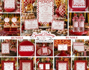 Pode incluir: Um conjunto de decoração para chá de bebê com tema de pizza, apresentando padrões xadrez vermelhos e brancos, ilustrações de um bebê chef e o texto Special Delivery. Inclui placas impressas, topos de cupcake e etiquetas de garrafa.