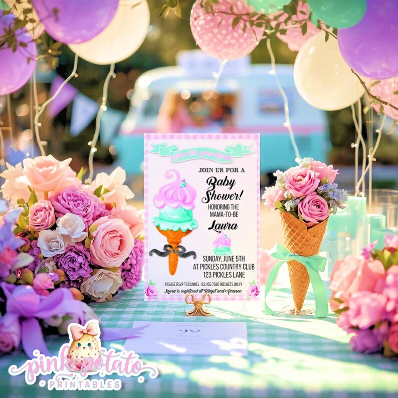 May include: A baby shower invitation featuring an ice cream cone design with pink and teal colors. The invitation includes the text "Join us for a Baby Shower!" and the name "Laura". The scene is decorated with balloons and flowers.