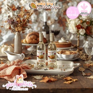 May include: Thanksgiving table setting with two wine bottles labeled "Let's get basted" on a decorative tray. The table is set with a turkey, pie, and floral arrangements. The image includes the text "Turkey Day I collection" and "pink potato printables".