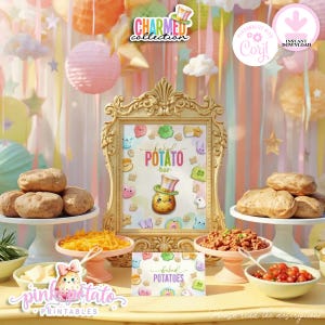 May include: A colourful baked potato bar display featuring a gold framed sign that reads "baked POTATO bar". Potatoes and toppings are presented on pedestals. Pastel decorations and the "Charmed Collection" logo are visible. The sign also says "baked potatoes".