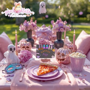 May include: A Halloween-themed table setting with pink and purple decorations. Features a slice of pizza, decorative pumpkins, candles, and a sign that says "Cheese Pizza". A ghost and a mask are also on the table.