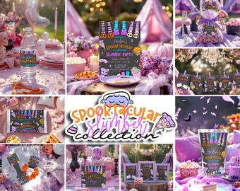 May include: A selection of Halloween party decorations in purple and pink. The image shows invitations, tumblers, and party favours, all with spooky designs. The theme is a "Spooktacular Slumber Party". The scene is set outdoors with tents and floral arrangements.