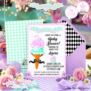 May include: Baby shower invitation featuring a whimsical ice cream cone design with pink and mint green scoops. The invitation includes details like the date, time, and location, along with the name "Laura." The invitation is part of the "Here's The Sweet Baby" collection.