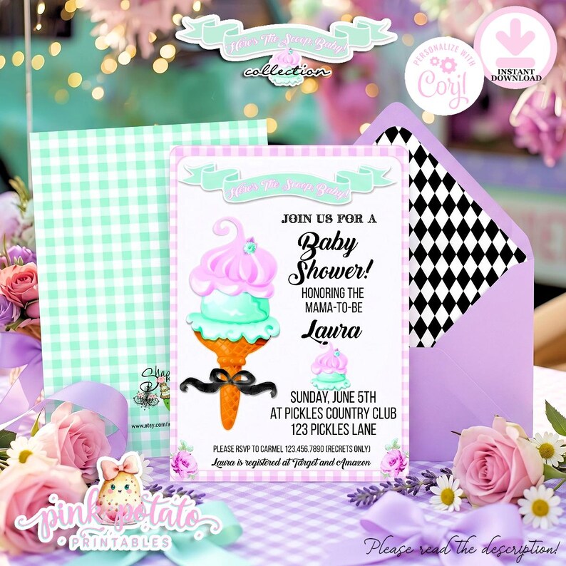 May include: Baby shower invitation featuring a whimsical ice cream cone design with pink and mint green scoops. The invitation includes details like the date, time, and location, along with the name "Laura." The invitation is part of the "Here's The Sweet Baby" collection.