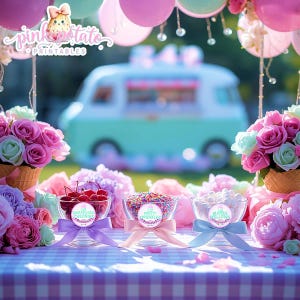 May include: A festive outdoor scene with a pastel color scheme. Three glass bowls filled with maraschino cherries, sprinkles, and marshmallows sit on a checkered tablecloth. Each bowl has a ribbon and a label. Balloons and flowers decorate the background.