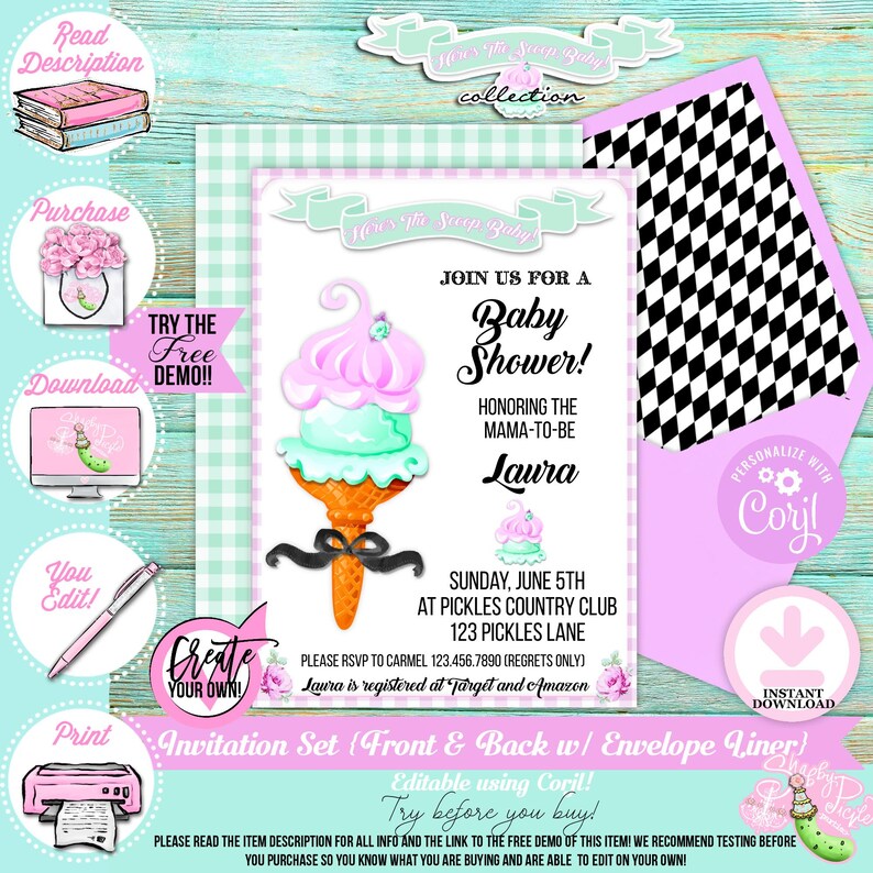 May include: Baby shower invitation set featuring a whimsical ice cream cone design in pastel pink and mint green. The invitation includes event details and is customizable with Corjl. Includes front and back design with envelope liner.