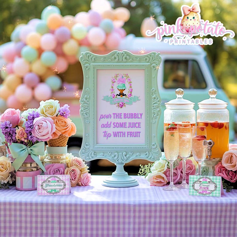 May include: A party scene with a light blue framed sign that reads "pour the bubbly add some juice top with fruit." The table is set with flowers, drinks, and a pink and white checkered tablecloth. Balloons and a vintage vehicle are in the background.