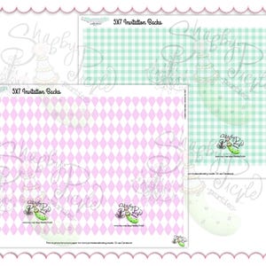 May include: Three 5x7 invitation backs with different patterns. One has a pink and white diamond pattern, another has a light green and white gingham pattern. The third is a light green and white gingham pattern. The text "5x7 Invitation Backs" is visible.