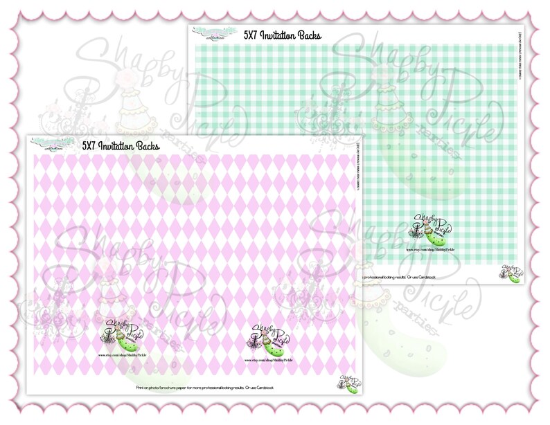 May include: Three 5x7 invitation backs with different patterns. One has a pink and white diamond pattern, another has a light green and white gingham pattern. The third is a light green and white gingham pattern. The text "5x7 Invitation Backs" is visible.