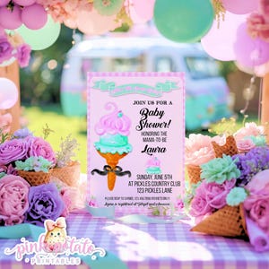 May include: A baby shower invitation featuring a pink and mint green ice cream cone design. The invitation includes the text "Join us for a Baby Shower!" and event details. Floral arrangements and balloons decorate the scene.