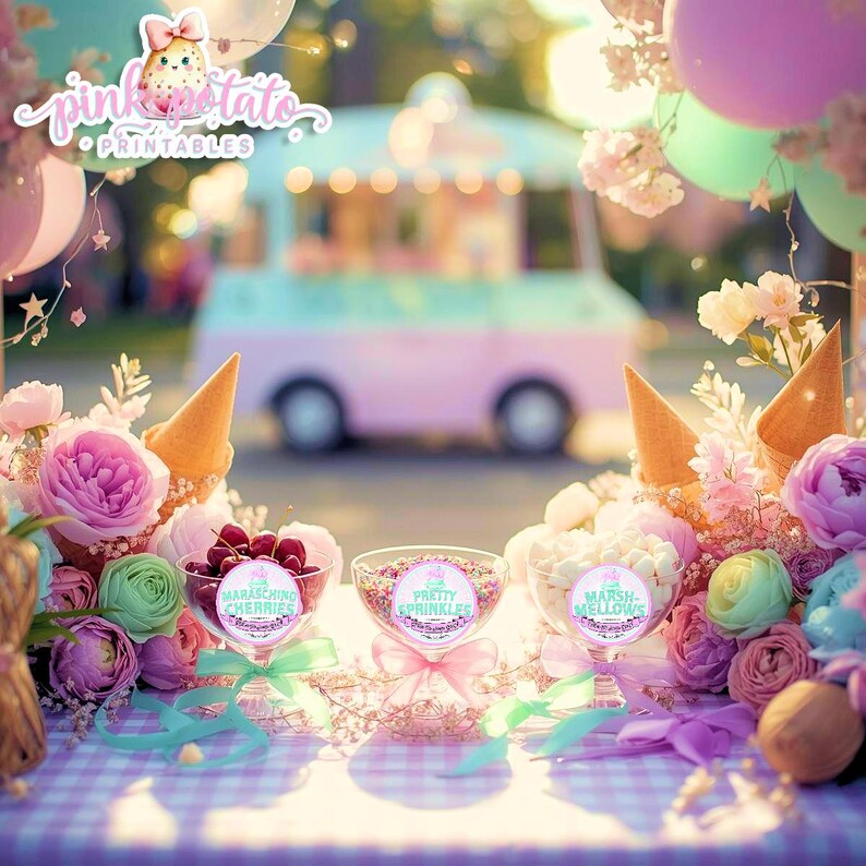 May include: A whimsical scene featuring an ice cream truck, balloons, and floral arrangements. Three glass bowls hold maraschino cherries, sprinkles, and marshmallows. The scene is decorated with pink, purple, and green accents, creating a festive atmosphere.