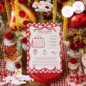 May include: A white rectangular baby shower prediction and advice card with a red chequered border and red text. The card features a calendar graphic, lines for baby details, and a section for advice and wishes for the new parents.