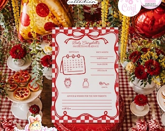 May include: A white rectangular baby shower prediction and advice card with a red checkered border and red text. The card features a calendar graphic, lines for baby details, and a section for advice and wishes for the new parents.
