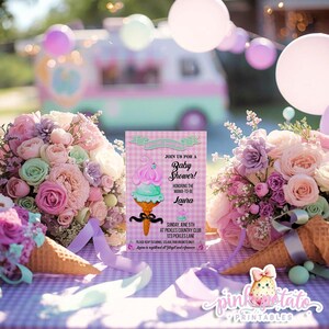 May include: A baby shower invitation featuring an ice cream cone design with pink and mint green scoops, set against a pink gingham backdrop. The invitation reads "Join us for a Baby Shower!" with details for Laura's shower, surrounded by floral arrangements and balloons.