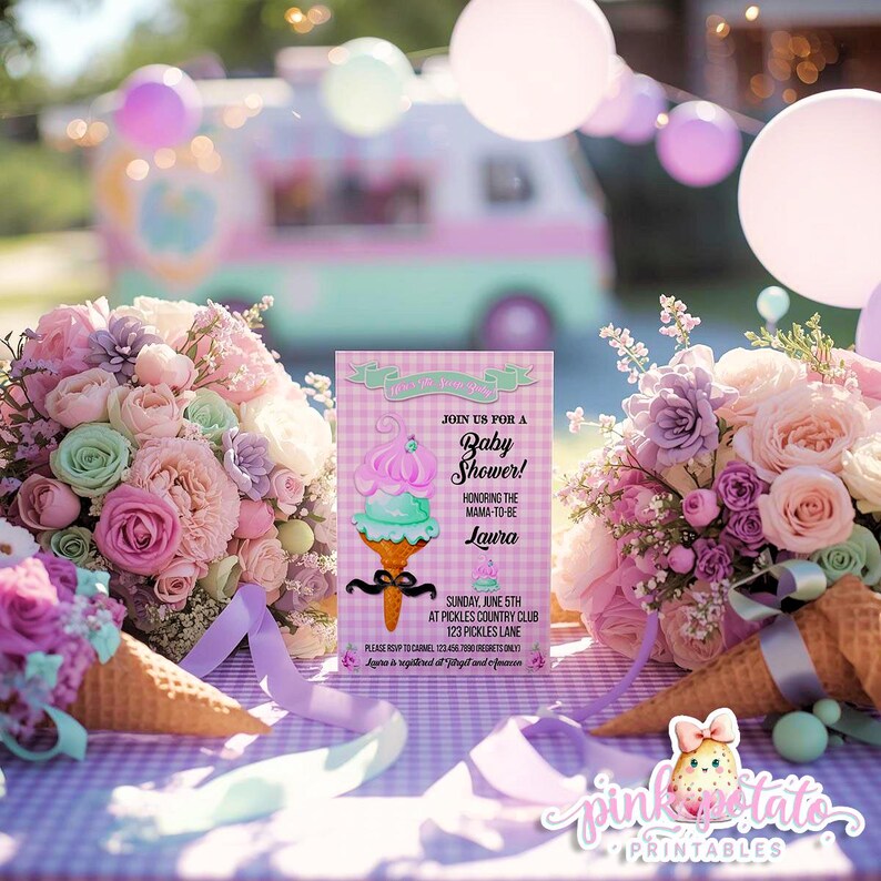 May include: A baby shower invitation featuring an ice cream cone design with pink and mint green scoops, set against a pink gingham backdrop. The invitation reads "Join us for a Baby Shower!" with details for Laura's shower, surrounded by floral arrangements and balloons.