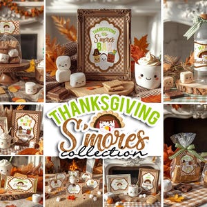 May include: Thanksgiving S'mores Collection featuring a variety of treats and decorations. Includes marshmallows, graham crackers, chocolate, and framed signs. The signs and packaging have a Thanksgiving theme with cute illustrations.