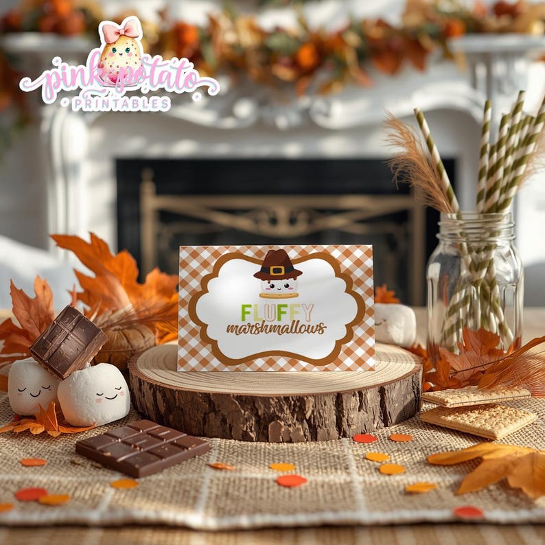 May include: A festive display featuring a card with the text "FLUFFY marshmallows" and a cartoon marshmallow wearing a pilgrim hat. The card sits on a wooden slice, surrounded by chocolate, marshmallows, and fall foliage. A jar with straws is in the background.