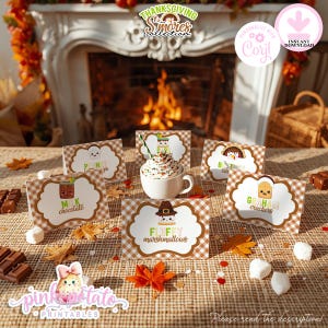 May include: Thanksgiving s'mores collection with labels for milk chocolate, peanut butter cups, graham crackers, and fluffy marshmallows. A cup of whipped cream is in the center. The background includes a fireplace and fall leaves.