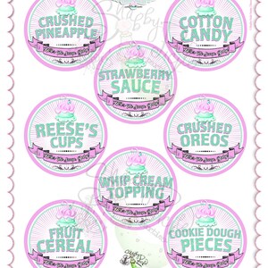 May include: A sheet of eight round seals with a pink and mint green color scheme. Each seal features a different flavor, such as "Crushed Pineapple" and "Cotton Candy," with a cupcake graphic. Text includes "3 Round Seal" and "Here's The Scoop Baby!"