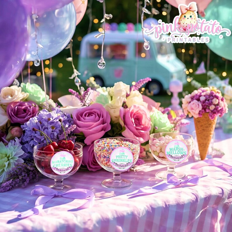 May include: A festive table setting with a floral arrangement, balloons, and desserts. Three glass dishes hold cherries, sprinkles, and marshmallows. The text "Pink Potato Printables" is visible. A vintage ice cream truck is in the background.