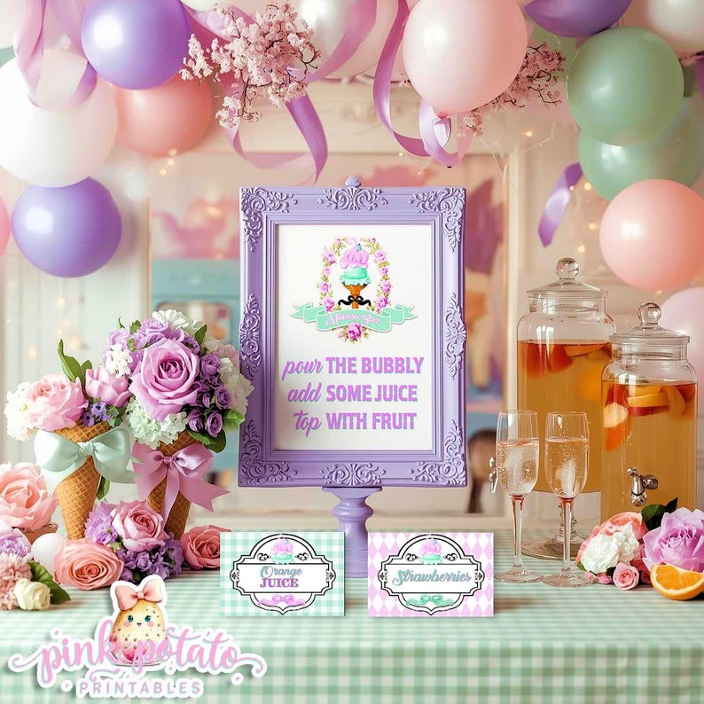 May include: A decorative party scene with pastel balloons, flowers, and a sign in a purple frame. The sign reads "pour the bubbly, add some juice, top with fruit." Two cards say "Orange Juice" and "Strawberries."