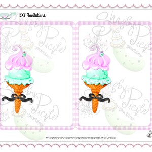May include: 5x7 invitations featuring a whimsical ice cream cone design. The ice cream has pink and mint green scoops atop a waffle cone, adorned with a black bow. The invitations are framed with a pink gingham border and include the text "5X7 Invitations".