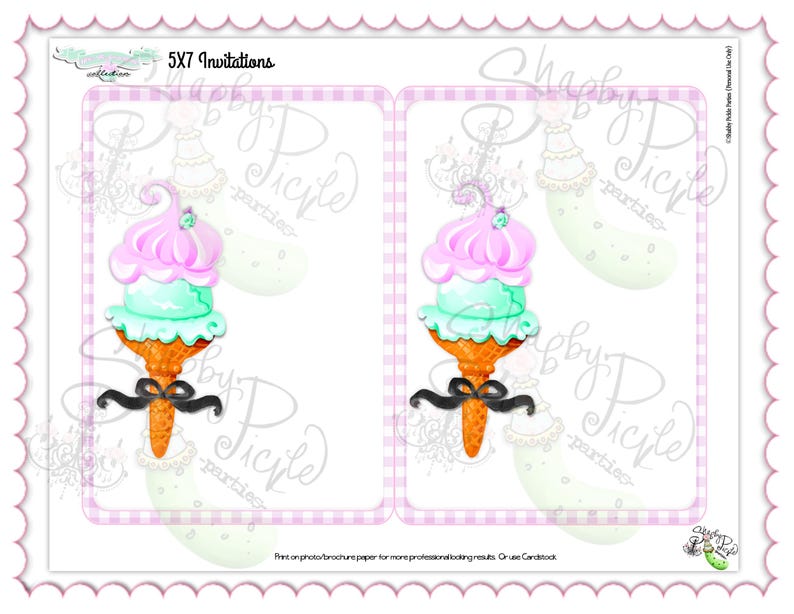 May include: 5x7 invitations featuring a whimsical ice cream cone design. The ice cream has pink and mint green scoops atop a waffle cone, adorned with a black bow. The invitations are framed with a pink gingham border and include the text "5X7 Invitations".