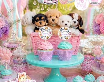 Puppy Pawty-Cupcake Toppers-Cupcake Wrappers-Edit in Corjl-Customize-Doggie-Puppy Adoption-Puppy Party-Birthday-Digital-INSTANT DOWNLOAD