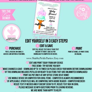 May include: A baby shower invitation with an ice cream cone graphic in pink, mint green, and orange. The invitation includes the text "Join us for a Baby Shower!" and details for the event. The design is editable with Corjl.