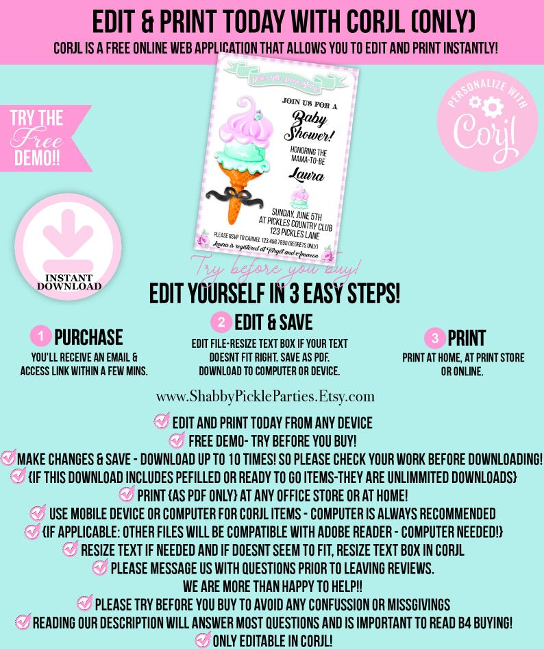 May include: A baby shower invitation with an ice cream cone graphic in pink, mint green, and orange. The invitation includes the text "Join us for a Baby Shower!" and details for the event. The design is editable with Corjl.