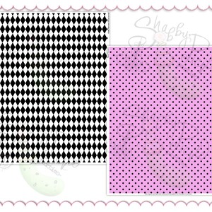 May include: Two patterned papers. One has a black and white diamond design, the other a pink background with black polka dots. The papers are displayed on a white background with a scalloped edge.