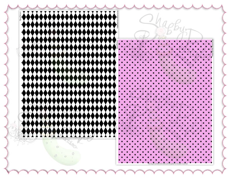 May include: Two patterned papers. One has a black and white diamond design, the other a pink background with black polka dots. The papers are displayed on a white background with a scalloped edge.