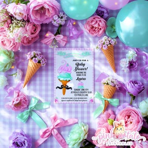 May include: A baby shower invitation with an ice cream cone design, surrounded by pink and purple flowers, bows, and balloons. The invitation reads "Join us for a Baby Shower! Honoring the Mama-to-be Laura".