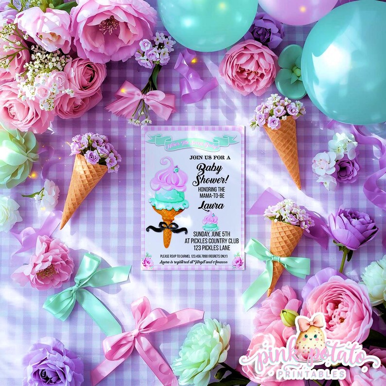 May include: A baby shower invitation with an ice cream cone design, surrounded by pink and purple flowers, bows, and balloons. The invitation reads "Join us for a Baby Shower! Honoring the Mama-to-be Laura".