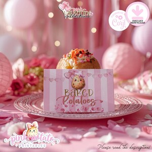 May include: A pink and white striped card with the words "Baked Potatoes" and a cartoon potato with a bow. The card is on a pink plate with a baked potato on top. The background is pink with balloons and flowers.