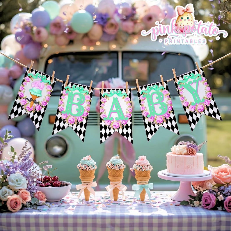 May include: A festive baby shower scene with a banner spelling "BABY" in mint green letters, floral accents, and black and white checkered flags. The scene includes ice cream cones, a cake, and a vintage van, all decorated in pastel colors.