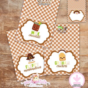 May include: Thanksgiving S'mores Collection printable cards with a brown and white checkered pattern. The cards feature illustrations of milk chocolate, fluffy marshmallows, and graham crackers. The cards have a scalloped border and the text "Instant Download".