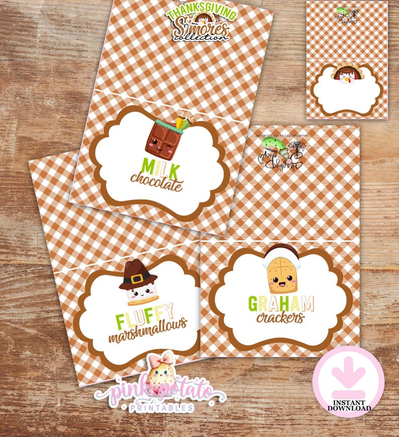 May include: Thanksgiving S'mores Collection printable cards with a brown and white checkered pattern. The cards feature illustrations of milk chocolate, fluffy marshmallows, and graham crackers. The cards have a scalloped border and the text "Instant Download".