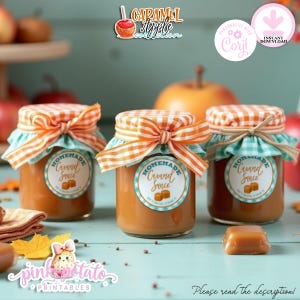 May include: Three glass jars filled with caramel sauce, each topped with a teal and orange gingham fabric cover and a matching ribbon. The circular labels feature the text "HOMEMADE Caramel Sauce" and an illustration of two caramel squares.