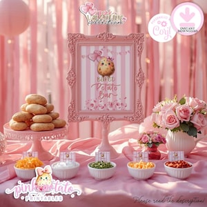 May include: A pink Valentine's Day party setup with a "Baked Potato Bar" sign featuring a cartoon potato. The table is decorated with potatoes, toppings, and floral arrangements. The sign says "Pink Potato Printables".