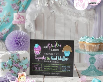 Cupcake or Stud Muffin-Gender Reveal-Invitation Set-Personalize in Corjl-Baby Boy or Girl-Printables-INSTANT DOWNLOAD