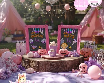 May include: A Halloween party scene with pink tents, pumpkins, and decorations. Two pink framed chalkboards display "Breakfast Bar" and "Pizza Bar" text. The scene includes popcorn, skeletons, and a "Spooktacular Collection" logo.