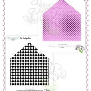 May include: Two 5x7 envelope liners. One is light pink with black polka dots, the other is black and white diamond pattern. The text "5x7 Envelope Liner" is at the top of each liner. The text "Shabby Pickle Parties" is at the bottom.