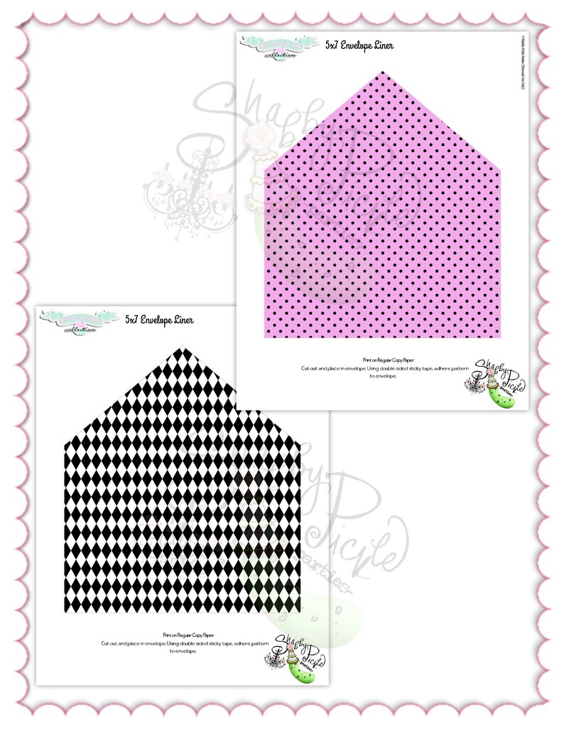May include: Two 5x7 envelope liners. One is light pink with black polka dots, the other is black and white diamond pattern. The text "5x7 Envelope Liner" is at the top of each liner. The text "Shabby Pickle Parties" is at the bottom.