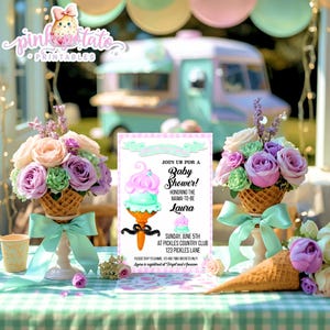 May include: A baby shower invitation with an ice cream cone design, featuring pink and mint green colors. The invitation is surrounded by floral arrangements in waffle cones, tied with light blue ribbons. The text reads "Join us for a Baby Shower!" and includes event details.